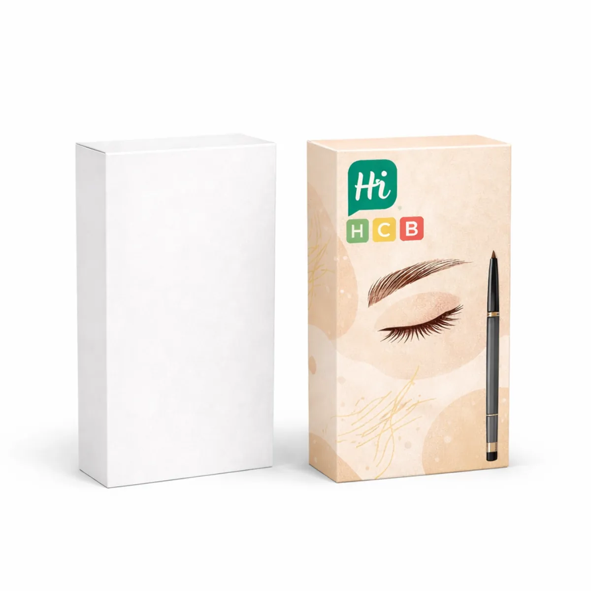 Custom-made eyebrow pencil boxes in various vibrant colours- showcasing unique brand logos and stylish typography- class=